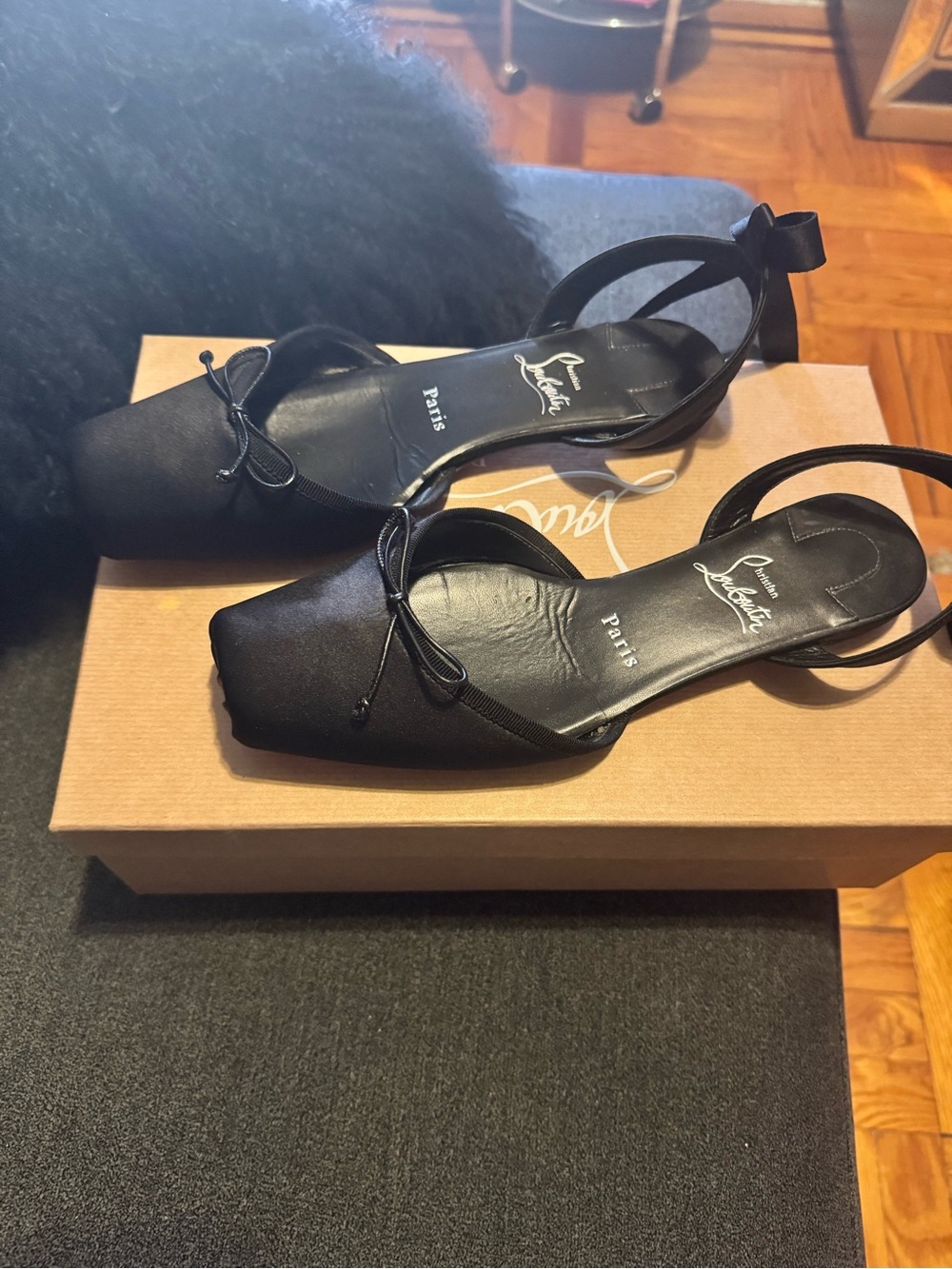 Christian Louboutin Black Satin ballerina Square-Toe Slingback Flats with Bow